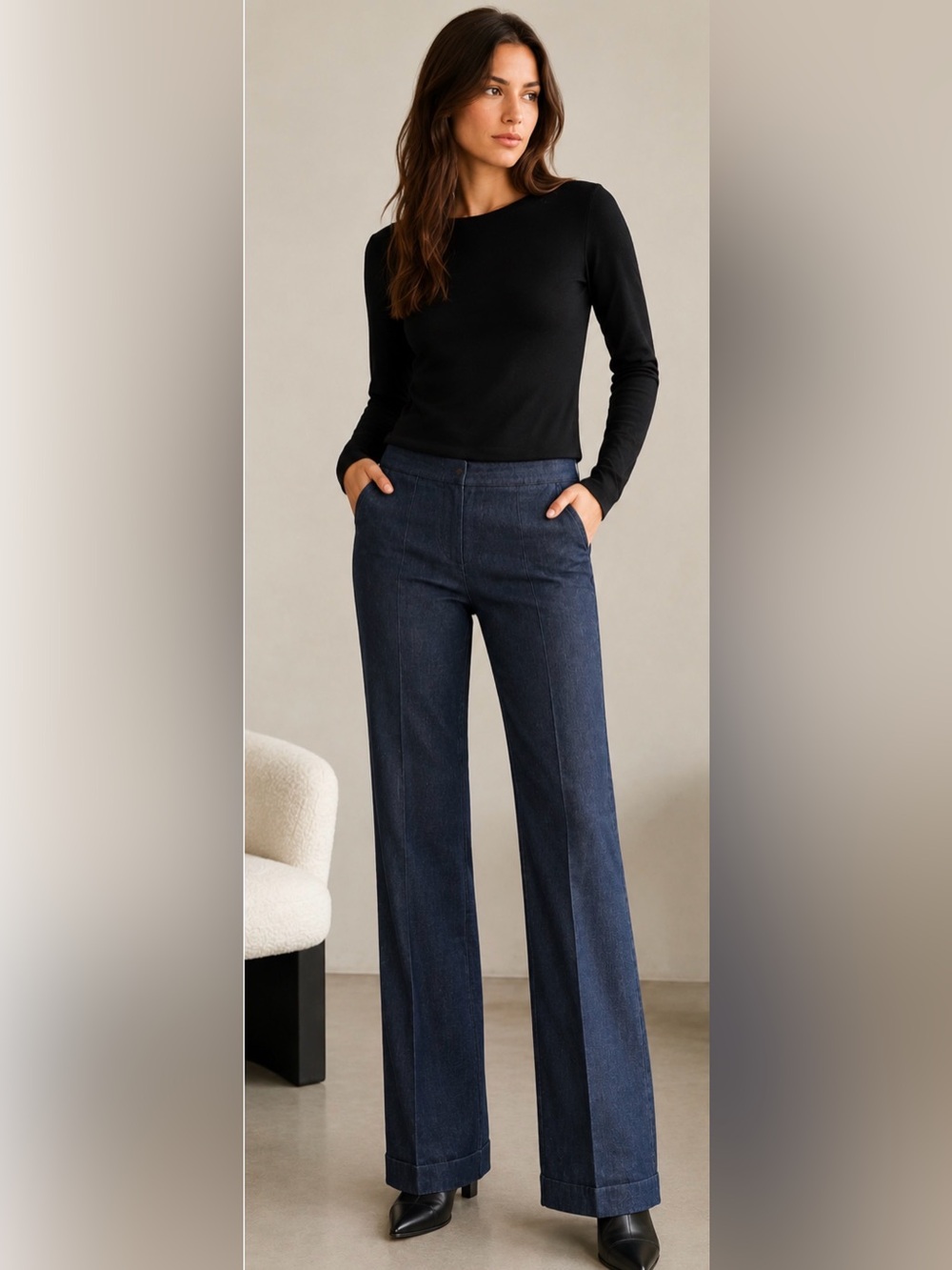 ZW Collection Women’s Trouser Jeans Mid Rise Tailored Blue Denim Subtle Flare 28
